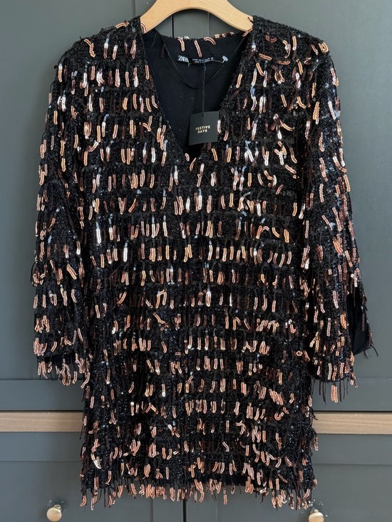 Zara Dresses & Skirts - Zara | Black Sequin Fringe V-Neck Dress | XS